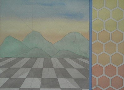 Mountains in front of a checkerboard floor, tessellating hexagons to the right.