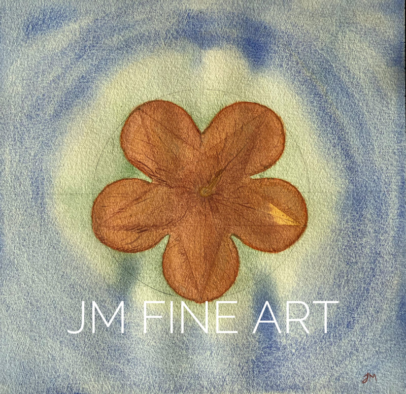 Painting of an orange five petaled flower on a blue and green background.