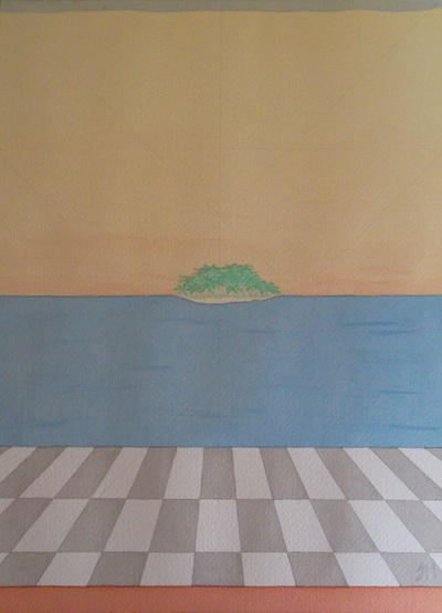 Checkerboard floor going out to an island in the ocean.