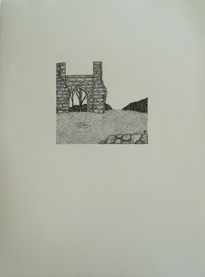 Ruins of a stone building, drawn with black pen on white paper.