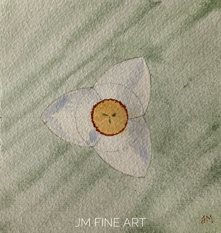 painting of a white daffodil with only three petals showing