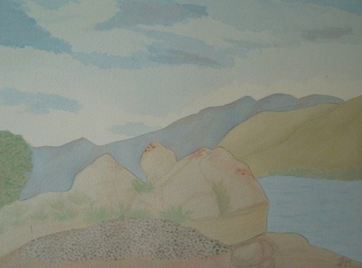 Watercolor painting of rock formations in front of a body of water and mountains.