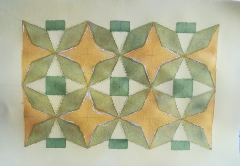 Geometric design with octagons, 4 pointed stars and squares in yellow, ocher and greens.