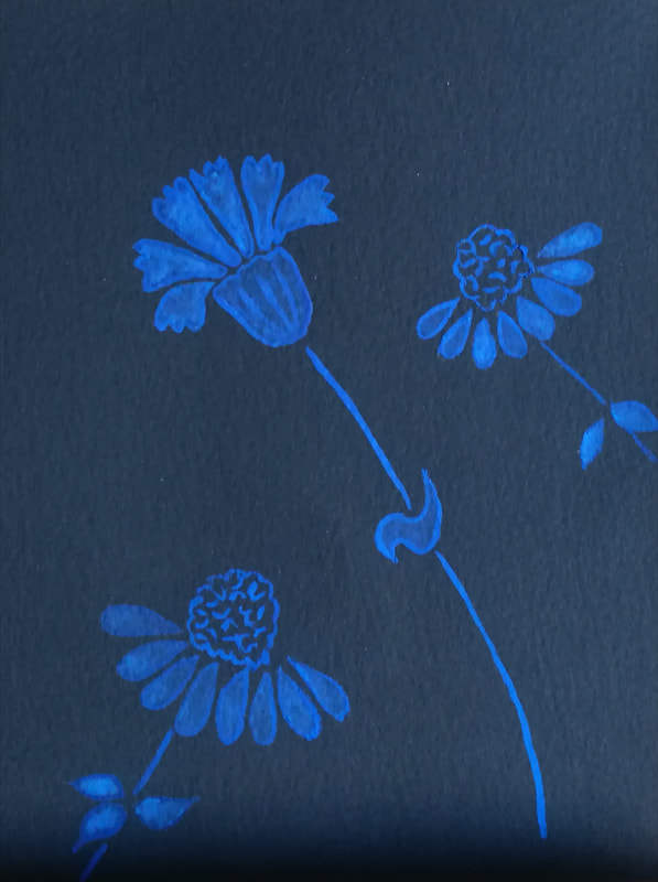 Three stylized blue flowers painted on black paper.