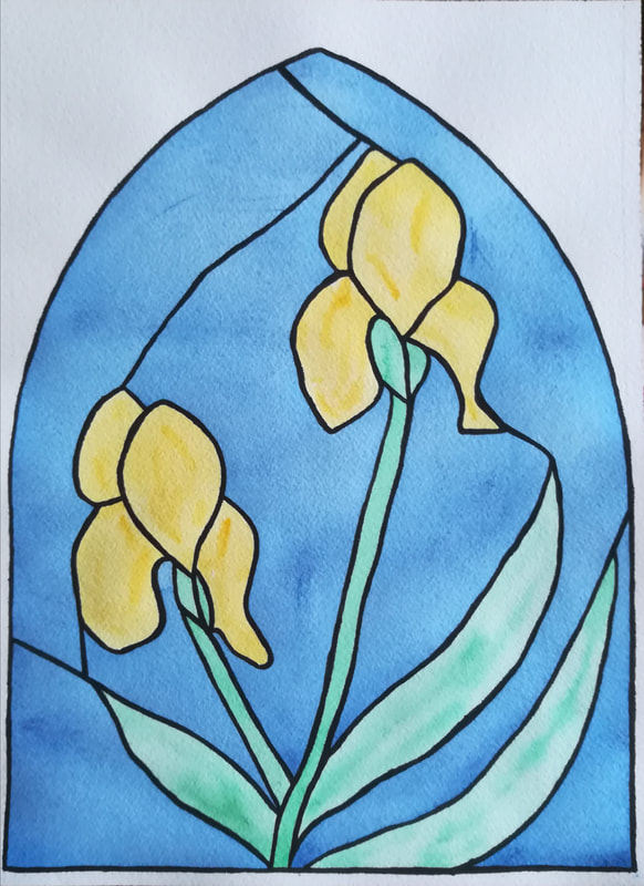 Watercolor painting of two yellow iris on a blue background in the style of a stained glass window.