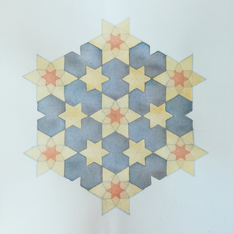 Geometric design with hexagonal shapes and six pointed stars.